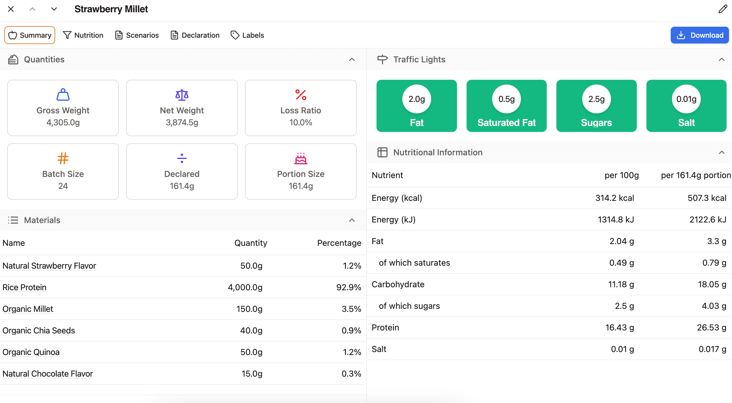Crumpet app showing recipe input screen with material quantities and nutritional breakdown.