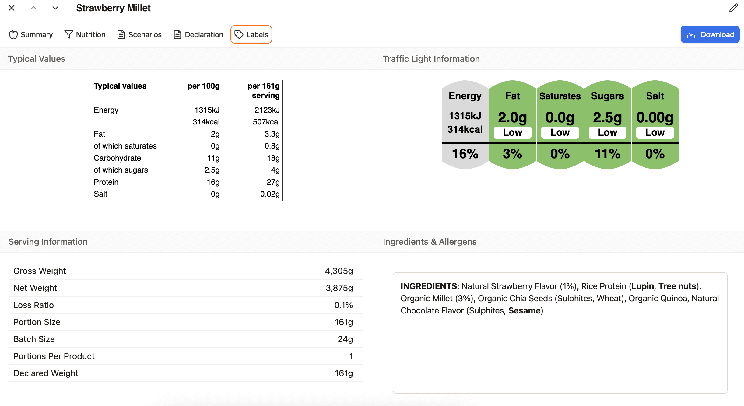 Crumpet app showing generated food label preview with nutritional information and traffic lights.
